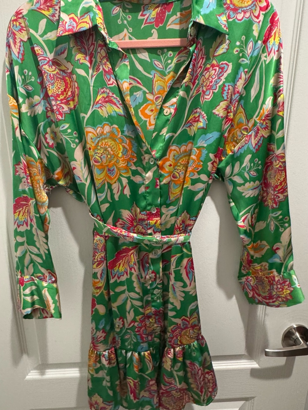 Zara Green Floral Shirt-Tie Mini Dress - Picture 2 of 4